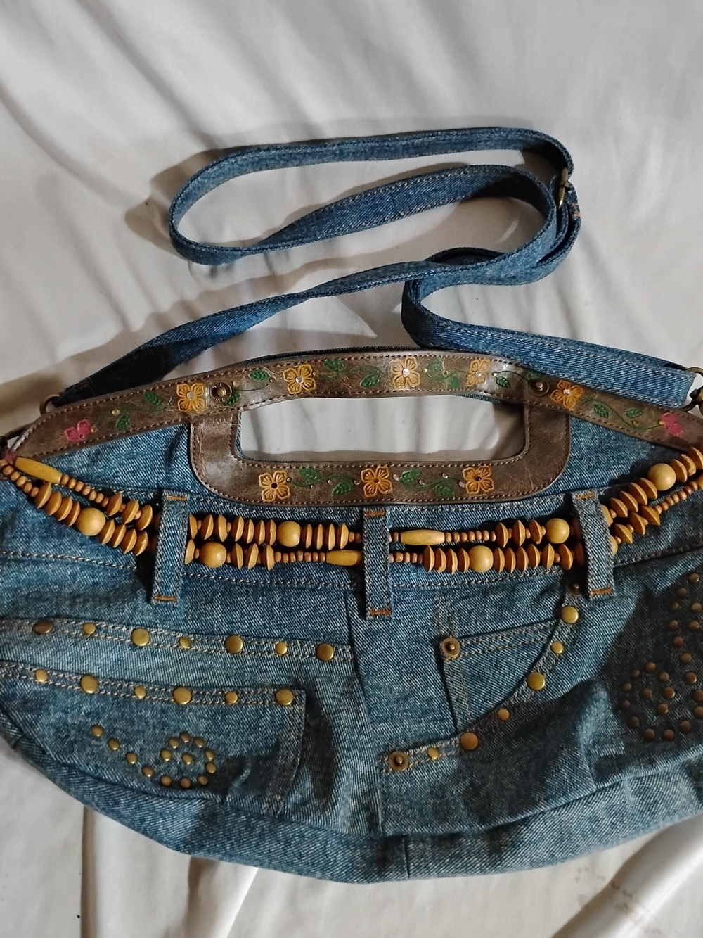 Cutie LA Denim Beaded Shoulder Bag with Floral Trim